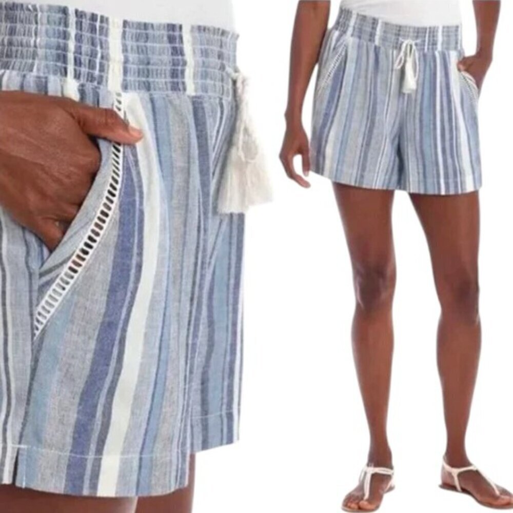 BRIGGS Linen Blend Striped Drawstring Shorts Sz S Blue & White #146R